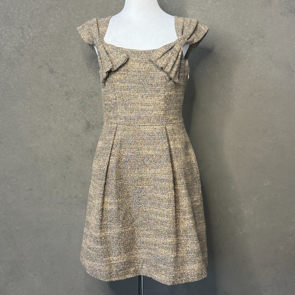 Roni NYC Tan Black Tweed Boucle Dress Ruffle Neckline Pockets Size M